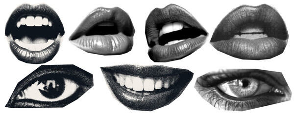 Scan Magazine, newspaper clipping, Vintage elements. illustration of grunge dadaism texture icons for psychedelic. lips, smile, eye, sexy, open, female, mouth.