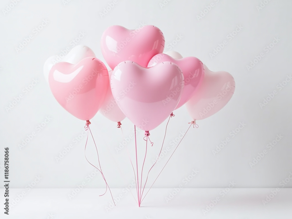 Poster Balloons With A Pink Heart Shape Design Float Gently On A Clean White Background With A Minimalist Aesthetic Appeal. 00003