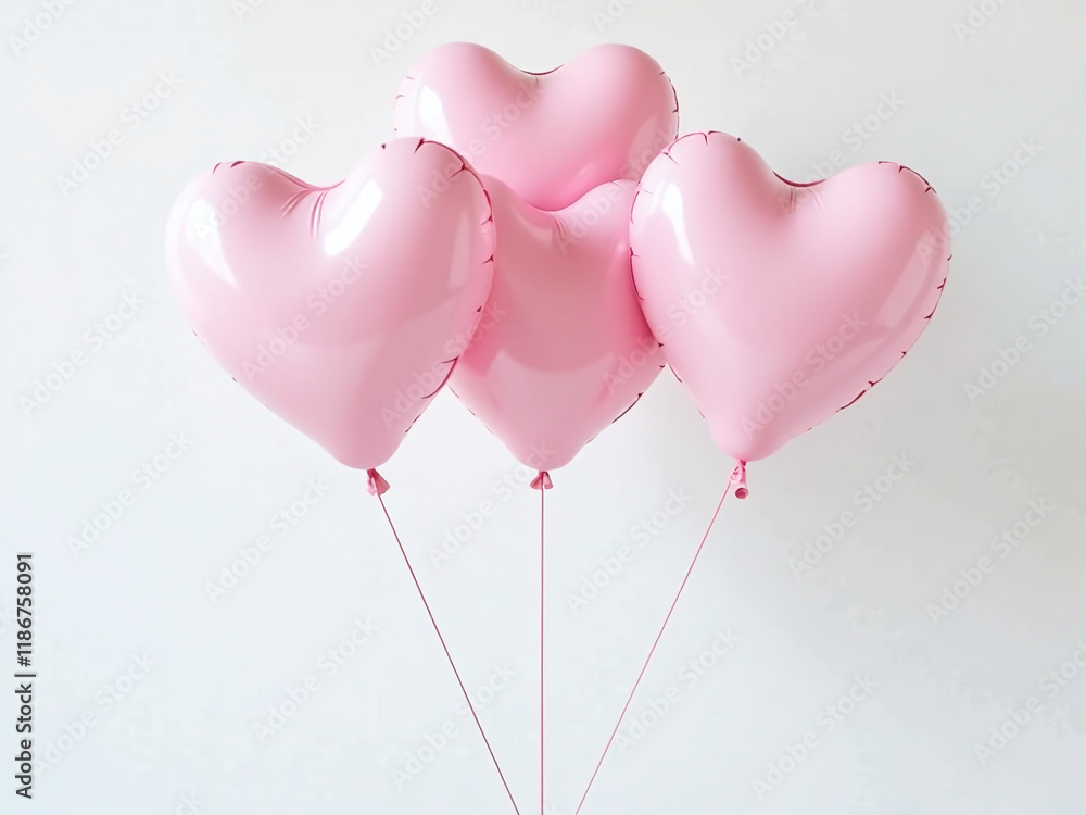 Poster Balloons With A Pink Heart Shape Design Float Gently On A Clean White Background With A Minimalist Aesthetic Appeal. 00002