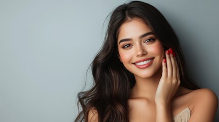 Fototapeta premium Radiant Smile: A beautiful young woman with long, dark, wavy hair beams a radiant smile, touching her cheek with a graceful hand, showcasing her confident and carefree nature. 