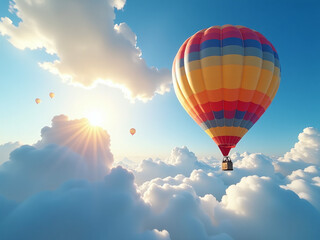 Naklejka premium Balloons With Vibrant Colors Float Above A Brilliant Blue Sky As The Warm Sun Peeks Out From Behind Fluffy White Clouds. 00001