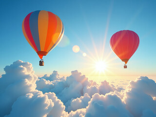 Naklejka premium Balloons With Vibrant Colors Float Above A Brilliant Blue Sky As The Warm Sun Peeks Out From Behind Fluffy White Clouds. 00002