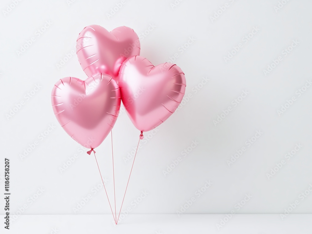 Poster Balloons With A Pink Heart Shape Design Float Gently On A Clean White Background With A Minimalist Aesthetic Appeal. 00001
