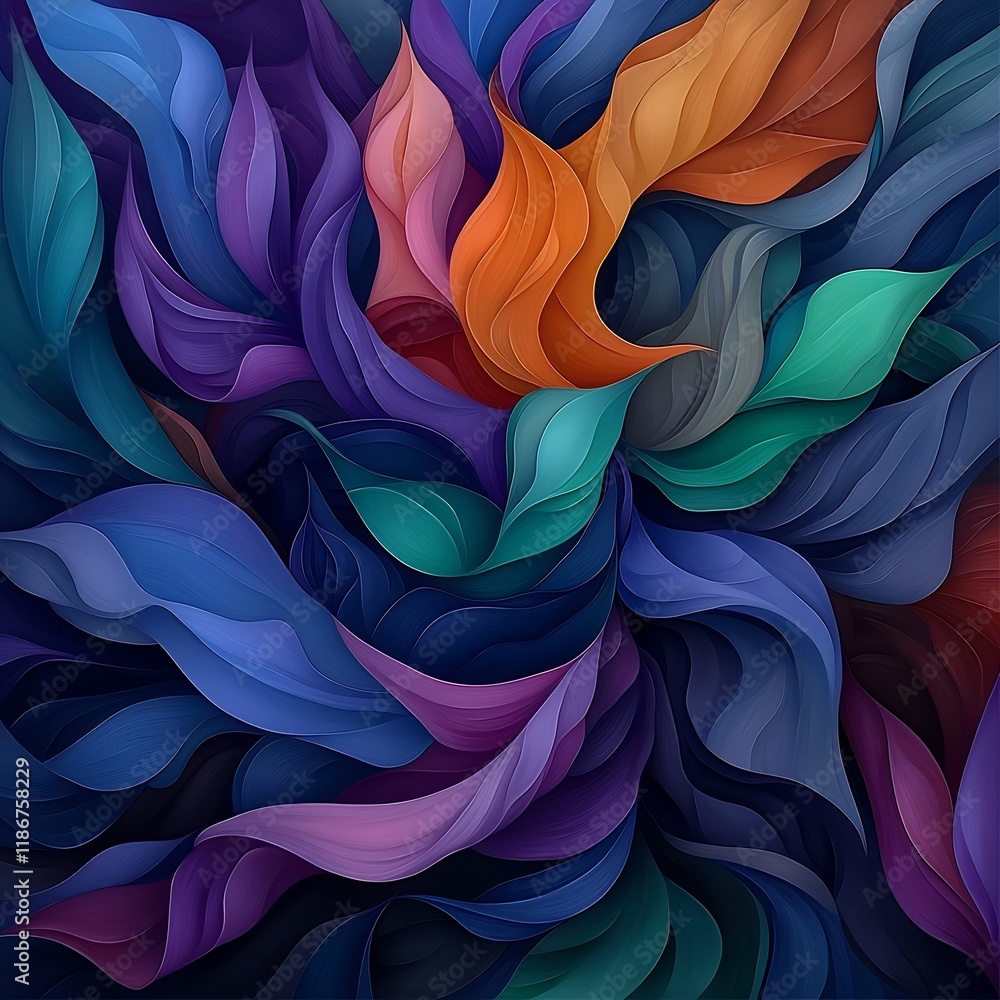 Poster captivating abstract motif featuring sinuous iridescent forms arranged in a hypnotic kaleidoscopic l
