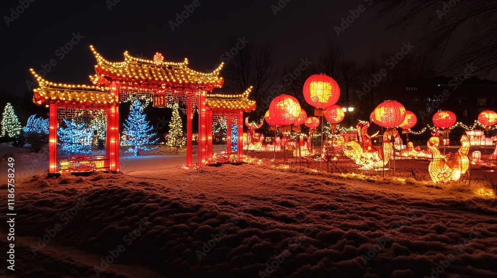 Poster beautiful illuminated chinese red lanterns shining brightly at night, creating a magical and festive