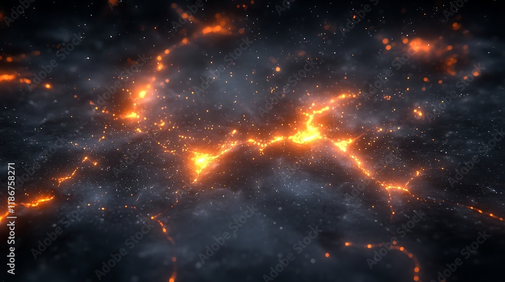 Poster abstract digital landscape featuring glowing elements in a dark space, perfect for backgrounds and v