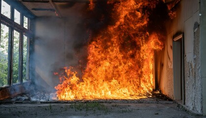 A gloomy scene of a fire breaking out in an abandoned building, flames spreading through the cracks in windows and doors