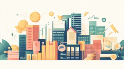 Obraz premium Flat design illustration depicting an investment portfolio review. The image features icons of stocks, bonds, and real estate, with graphs and charts showing investment performance. Ideal for illustr