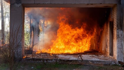 A gloomy scene of a fire breaking out in an abandoned building, flames spreading through the cracks in windows and doors