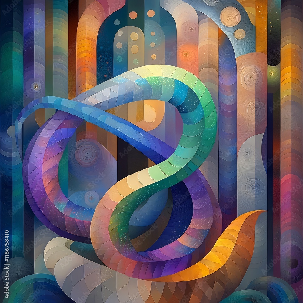 Poster captivating abstract motif featuring sinuous iridescent forms in a hypnotic kaleidoscopic layout wit