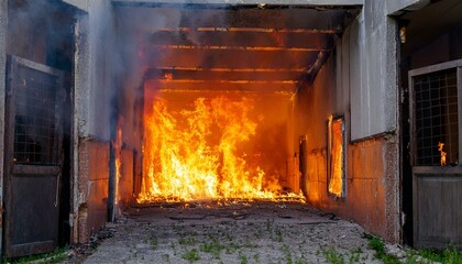 A gloomy scene of a fire breaking out in an abandoned building, flames spreading through the cracks in windows and doors