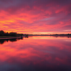 A tranquil lake reflecting a sunset with vibrant hues