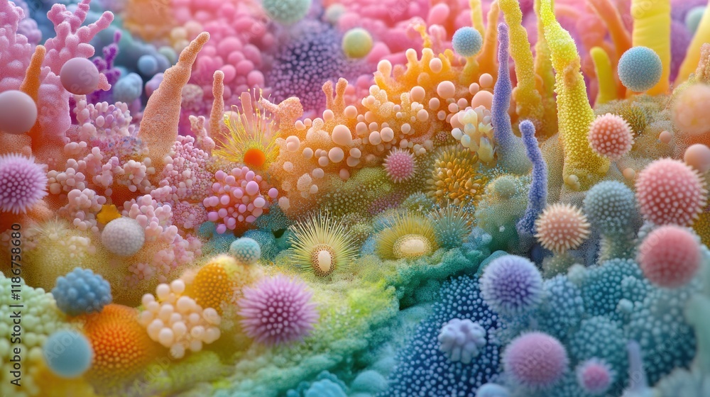 Aufkleber Brightly colored patterns of bacteria create a mesmerizing visual landscape with diverse textures and forms. Generative AI