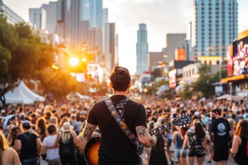 A bustling street in Austin, Texas, during a live music event, with musicians performing and people enjoying the festival vibe