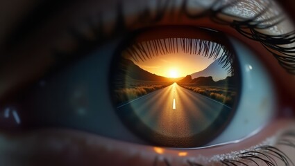 Reflection of a sunset road within an eye symbolizes journeys and dreams