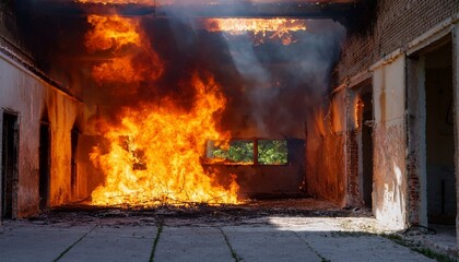 Fototapeta premium A gloomy scene of a fire breaking out in an abandoned building, flames spreading through the cracks in windows and doors