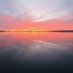 A tranquil lake reflecting a sunset with vibrant hues