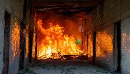 A gloomy scene of a fire breaking out in an abandoned building, flames spreading through the cracks in windows and doors