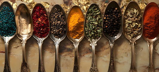 A colorful array of spices displayed in vintage spoons