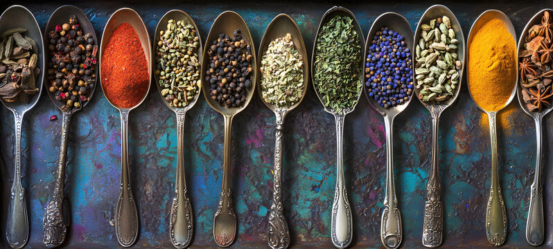 A colorful array of spices displayed in vintage spoons