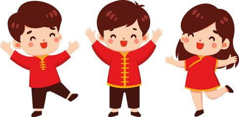 Joyful Children in Traditional Chinese Attire Celebrating Lunar New Year Festivities