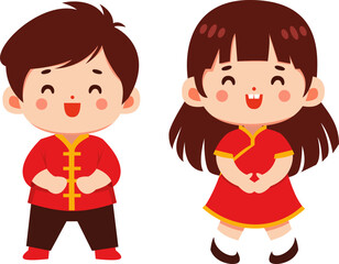 Joyful Children in Traditional Chinese Attire Celebrating Lunar New Year Festivities