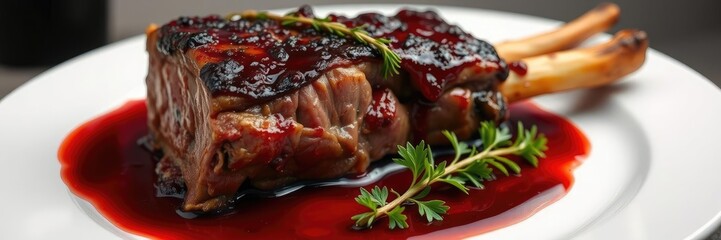 A juicy lamb roast served with a red wine reduction sauce on a white plate, sauce, roasted meat
