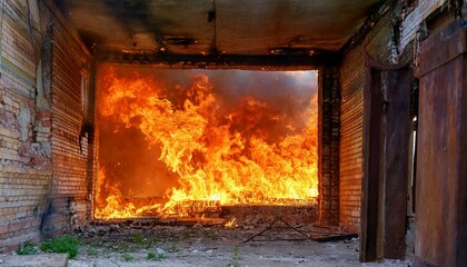 A gloomy scene of a fire breaking out in an abandoned building, flames spreading through the cracks in windows and doors