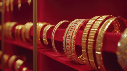 Obraz premium Luxurious golden bangles and necklaces displayed on a red velvet background, emphasizing their opulence and timeless beauty.