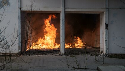 A gloomy scene of a fire breaking out in an abandoned building, flames spreading through the cracks in windows and doors