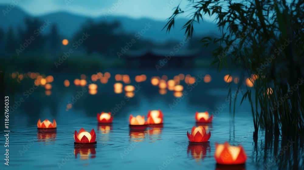 Poster red lanterns gracefully floating on still water at dusk, creating a serene and peaceful atmosphere u