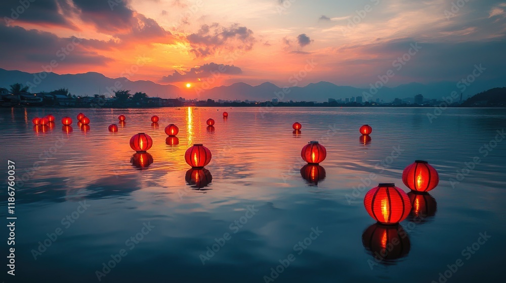 Poster red lanterns gracefully floating on still water at dusk, creating a serene and peaceful atmosphere u