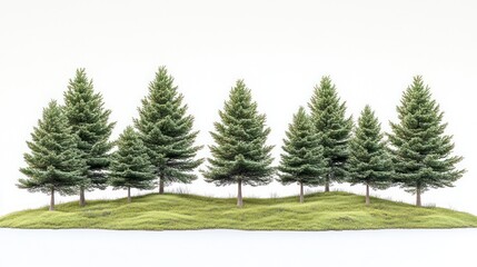Obraz premium Five pine trees on grassy hill against white backdrop.