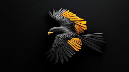 Obraz premium Black and gold bird in flight. Intricate paper art design against a dark background. Elegant and dramatic.