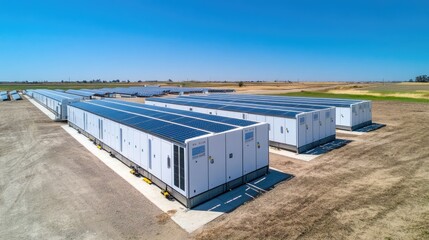 Rows of solar panels paired with high capacity battery storage systems, captured under a clear blue sky, emphasizing green energy.