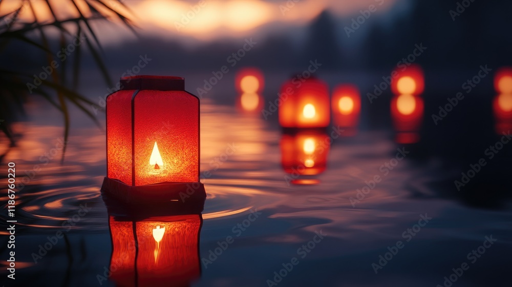 Poster serene red lanterns floating gently on water at dusk, casting a peaceful and calming glow, creating 