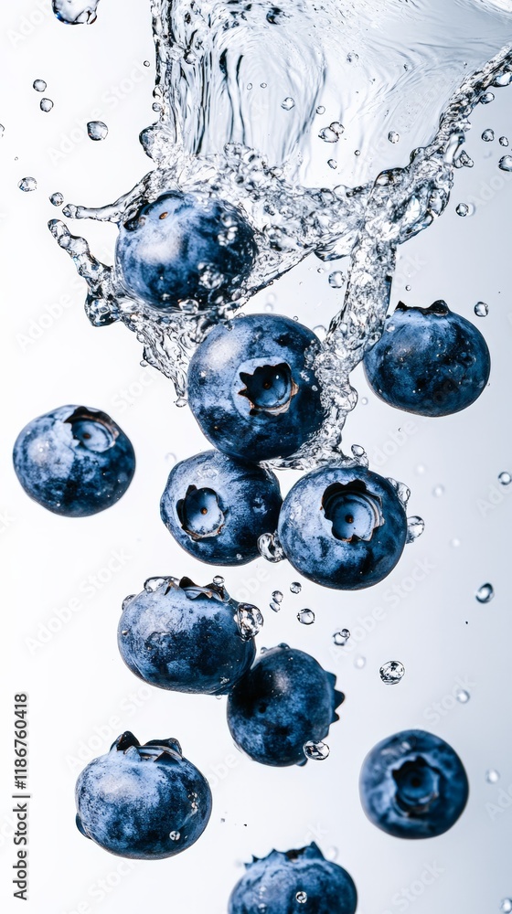 Aufkleber ripe blueberries are suspended in mid air, encompassed by a dynamic splash of crystal clear water, c