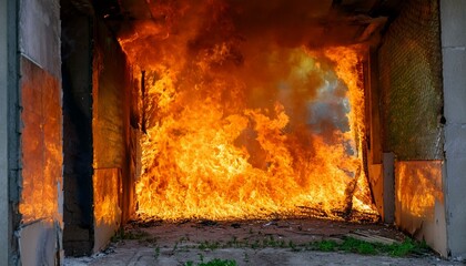 A gloomy scene of a fire breaking out in an abandoned building, flames spreading through the cracks in windows and doors