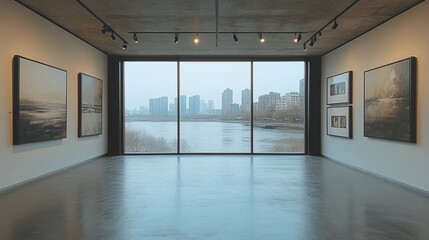 Modern gallery showcases artwork with city river view