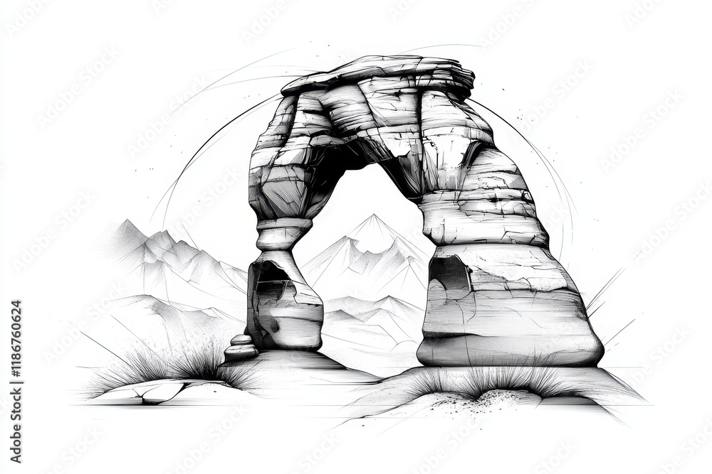 Poster a clean line art depiction of delicate arch, simplified with bold lines and neutral tones, against a
