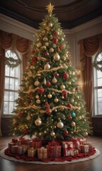 A grand Christmas tree adorned with luxurious ornaments and a majestic swag on top, festive, christmas