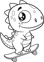 Adorable Cartoon Baby Dinosaur Skateboarding Cute, Fun, Coloring Page