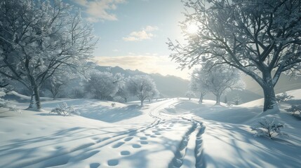 Fototapeta premium Sunlit winter landscape with snow-covered trees and winding path.