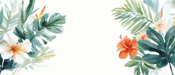 Naklejka premium Vector watercolor hibiscus flowers and palm leaves, spring and summer poster background, summer travel web banner, turtleback bamboo, palm day, tropical leaves, flowers, copy space，Valentine's Day