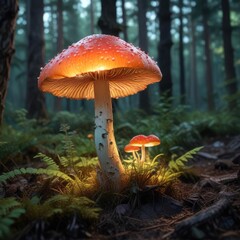 Fototapeta premium A glowing mushroom in the undergrowth of an enchanted forest, wild, landscape