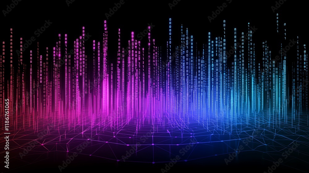 Poster abstract representation of a colorful digital world with binary code elements and geometric patterns