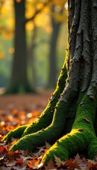 Obraz premium Moss covered branch leaning against a tree trunk in autumn, tree roots, nature, branch