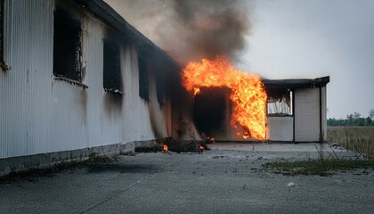 A gloomy scene of a fire breaking out in an abandoned building, flames spreading through the cracks in windows and doors