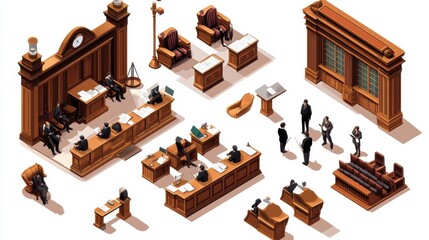 Isometric court of law. Trials defendant witness interrogation jury judge justice accused lawyer criminal legal prisoner vector icons