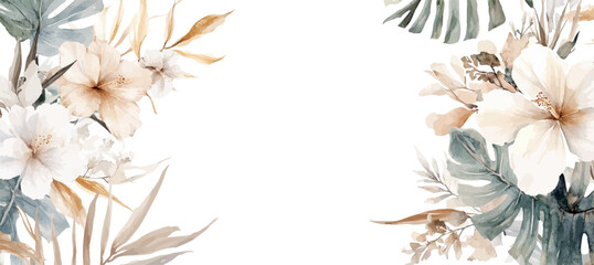 Vector watercolor hibiscus flowers and palm leaves, spring and summer poster background, summer travel web banner, turtleback bamboo, palm day, tropical leaves, flowers, copy space，Valentine's Day